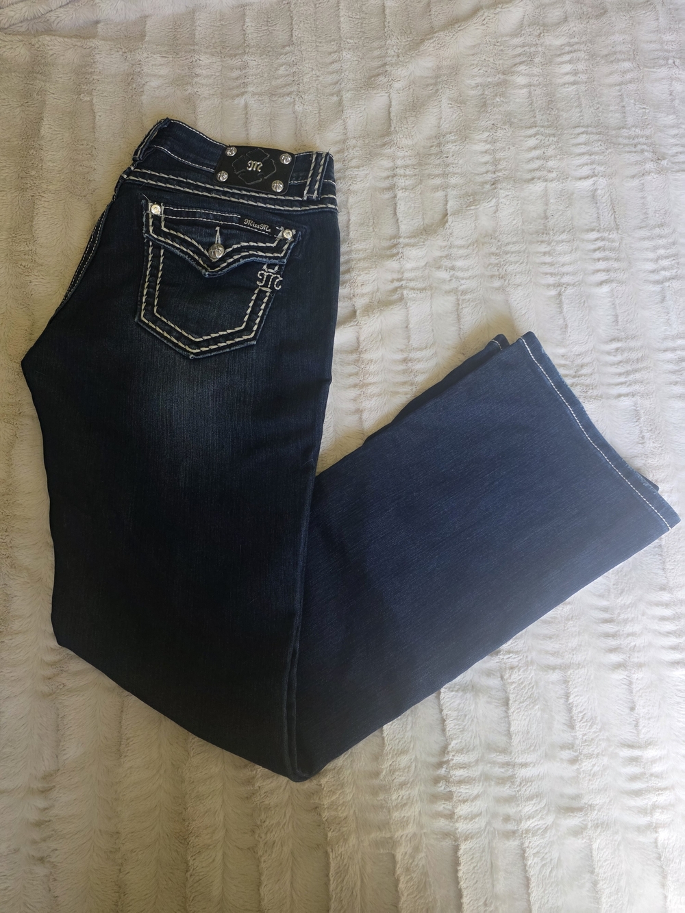Miss Me Dark Indigo Bootcut Jeans with White Stitching Detail